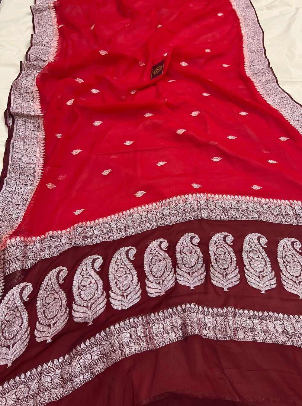 Red Khaddi Chiffon Banarasi Handloom Saree - Aura Benaras