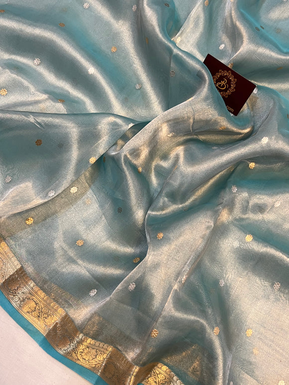 Aqua Blue Banarasi Handloom Organza Tissue Silk Saree - Aura Benaras