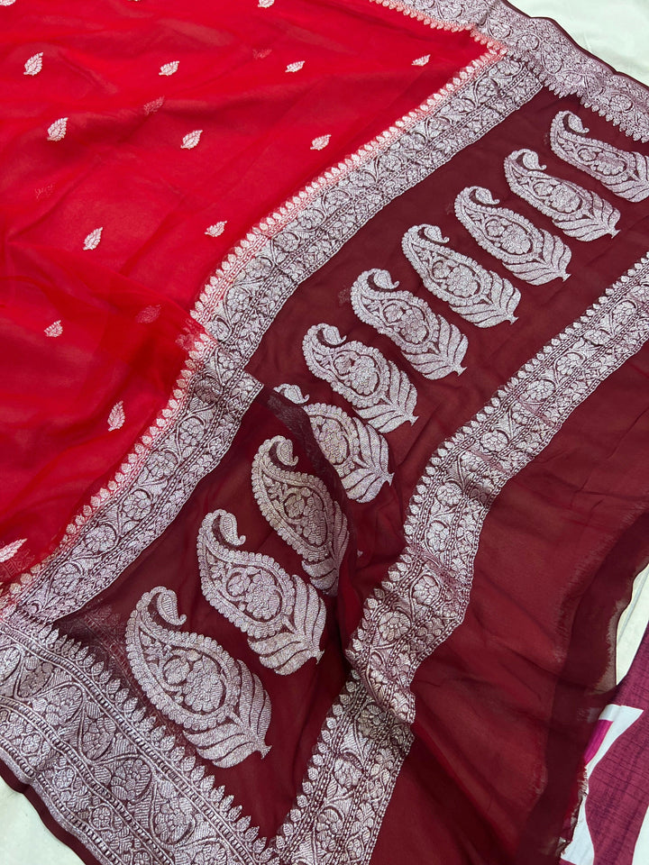 Red Khaddi Chiffon Banarasi Handloom Saree - Aura Benaras
