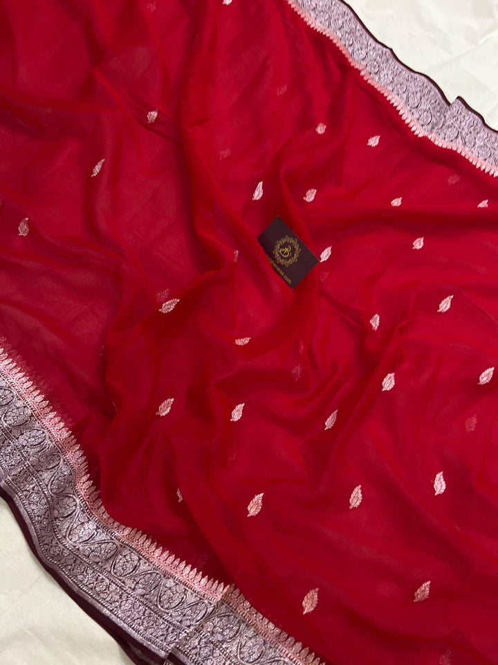 Red Khaddi Chiffon Banarasi Handloom Saree - Aura Benaras