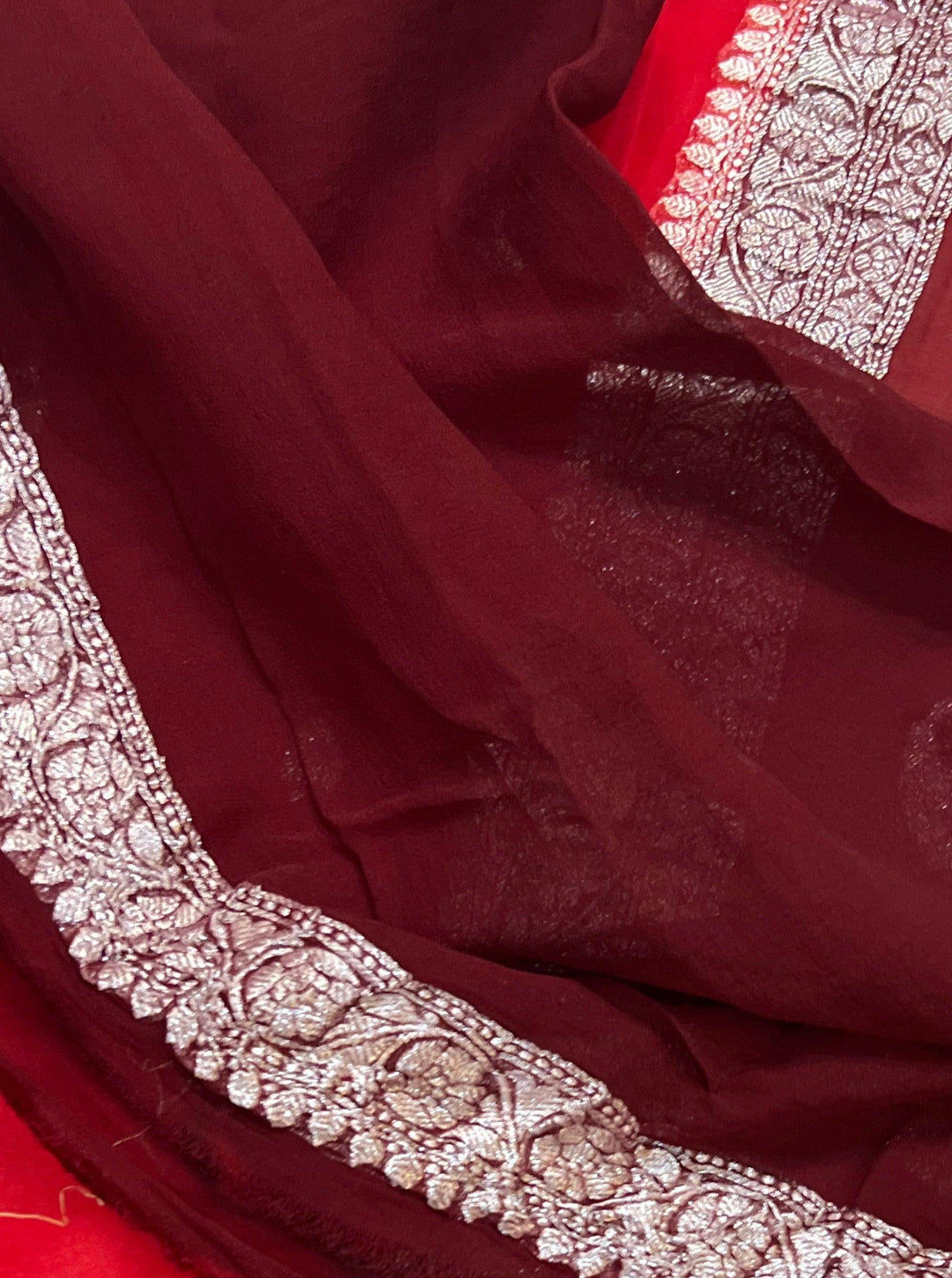 Red Khaddi Chiffon Banarasi Handloom Saree - Aura Benaras
