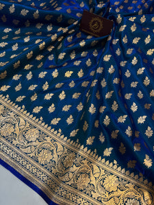 Peacock Blue Banarasi Handloom Satin SIlk Saree - Aura Benaras