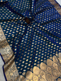 Peacock Blue Banarasi Handloom Satin SIlk Saree - Aura Benaras