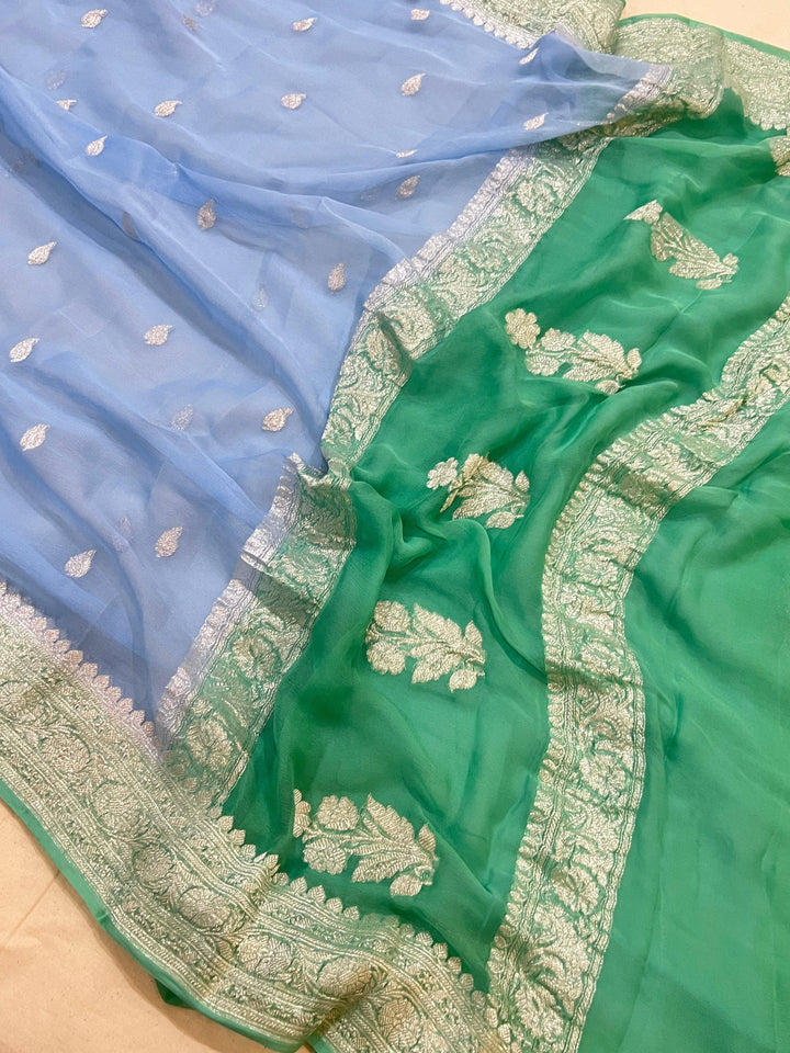 Blue Khaddi Chiffon Banarasi Handloom Saree - Aura Benaras