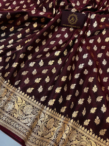 Garnet Banarasi Handloom Satin SIlk Saree - Aura Benaras