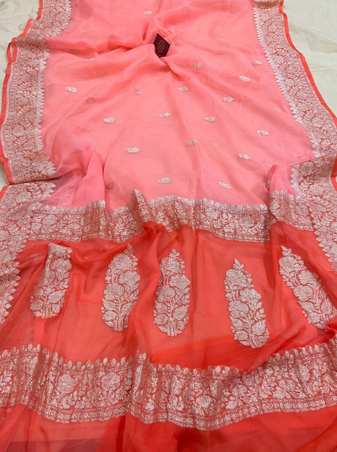 Light Peach Khaddi Chiffon Banarasi Handloom Saree - Aura Benaras