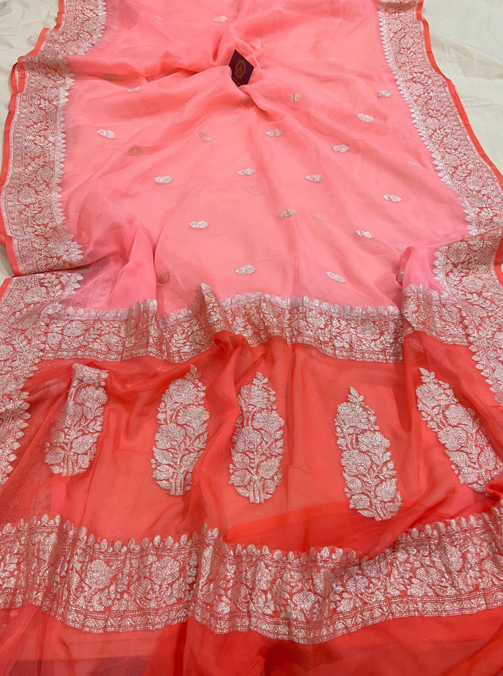 Light Peach Khaddi Chiffon Banarasi Handloom Saree - Aura Benaras