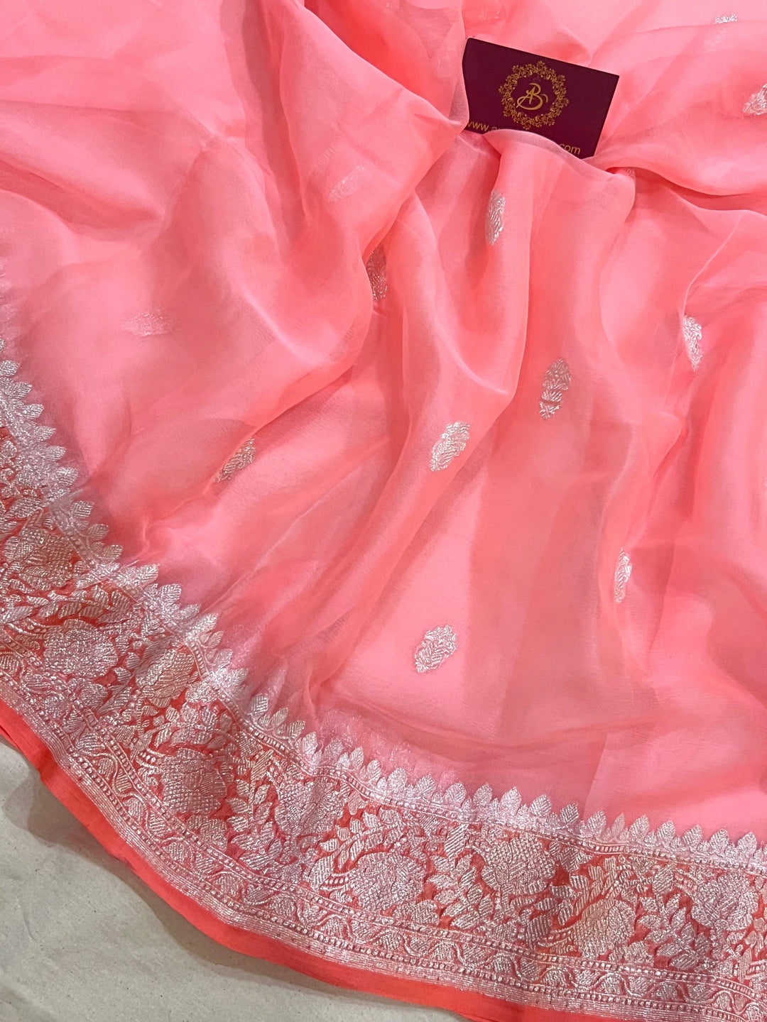 Light Peach Khaddi Chiffon Banarasi Handloom Saree - Aura Benaras