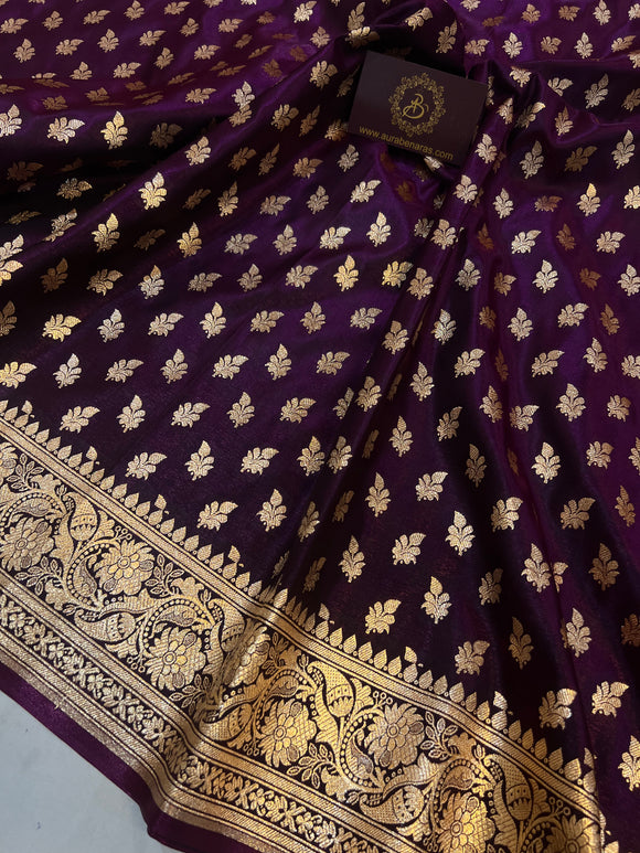 Wine Banarasi Handloom Satin SIlk Saree - Aura Benaras