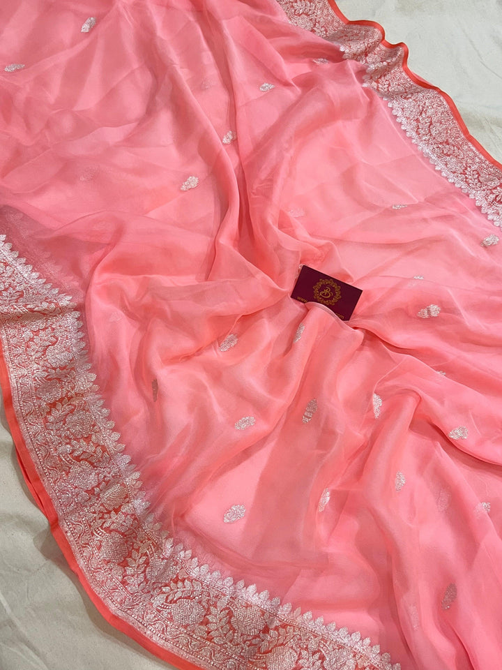 Light Peach Khaddi Chiffon Banarasi Handloom Saree - Aura Benaras