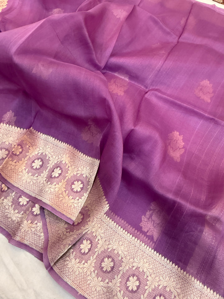 Lavender Pure Kora Silk Handloom Banarasi Saree