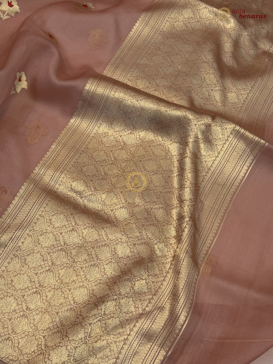 Old Rose Kora Silk Banarasi Saree with Sona Rupa Butis