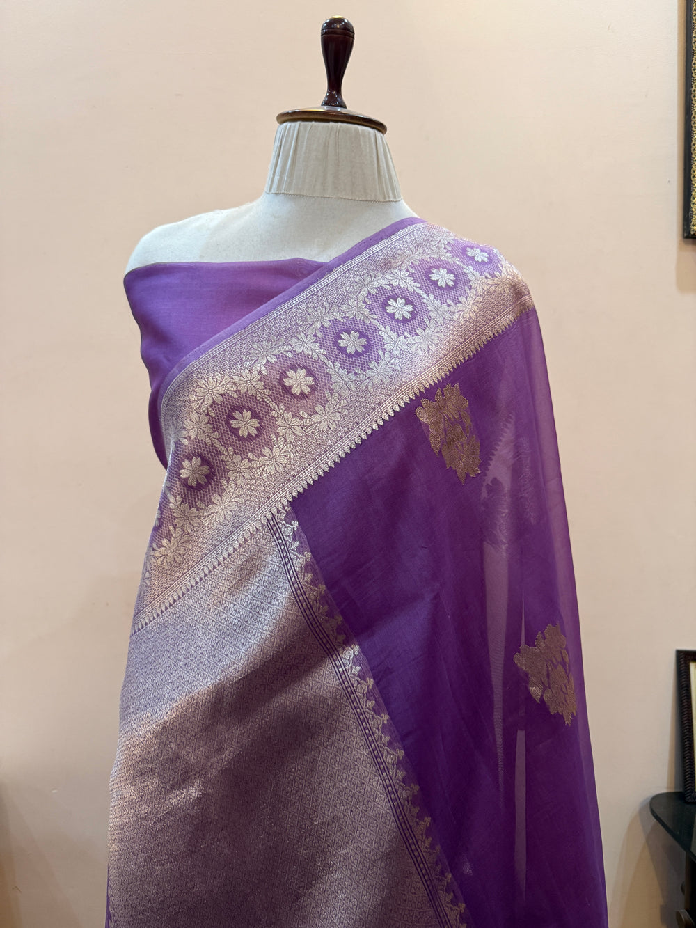 Lavender Pure Kora Silk Handloom Banarasi Saree