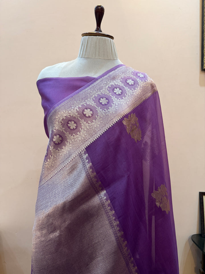 Lavender Pure Kora Silk Handloom Banarasi Saree
