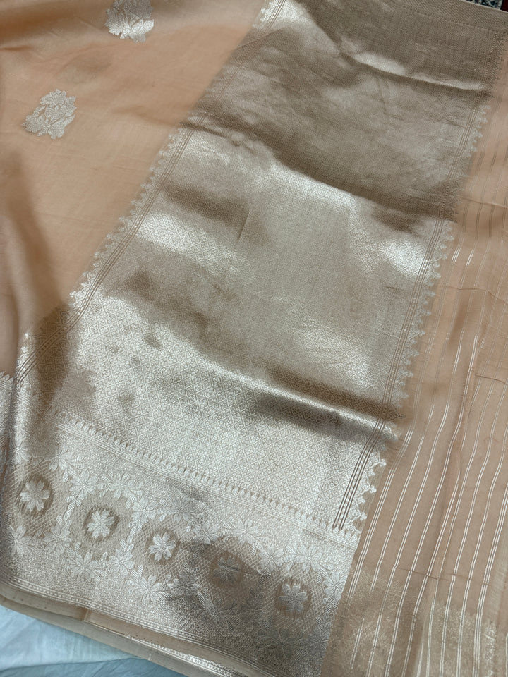 Beige Pure Kora Silk Handloom Banarasi Saree