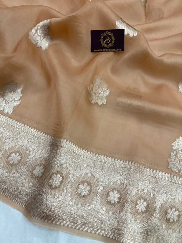 Beige Pure Kora Silk Handloom Banarasi Saree
