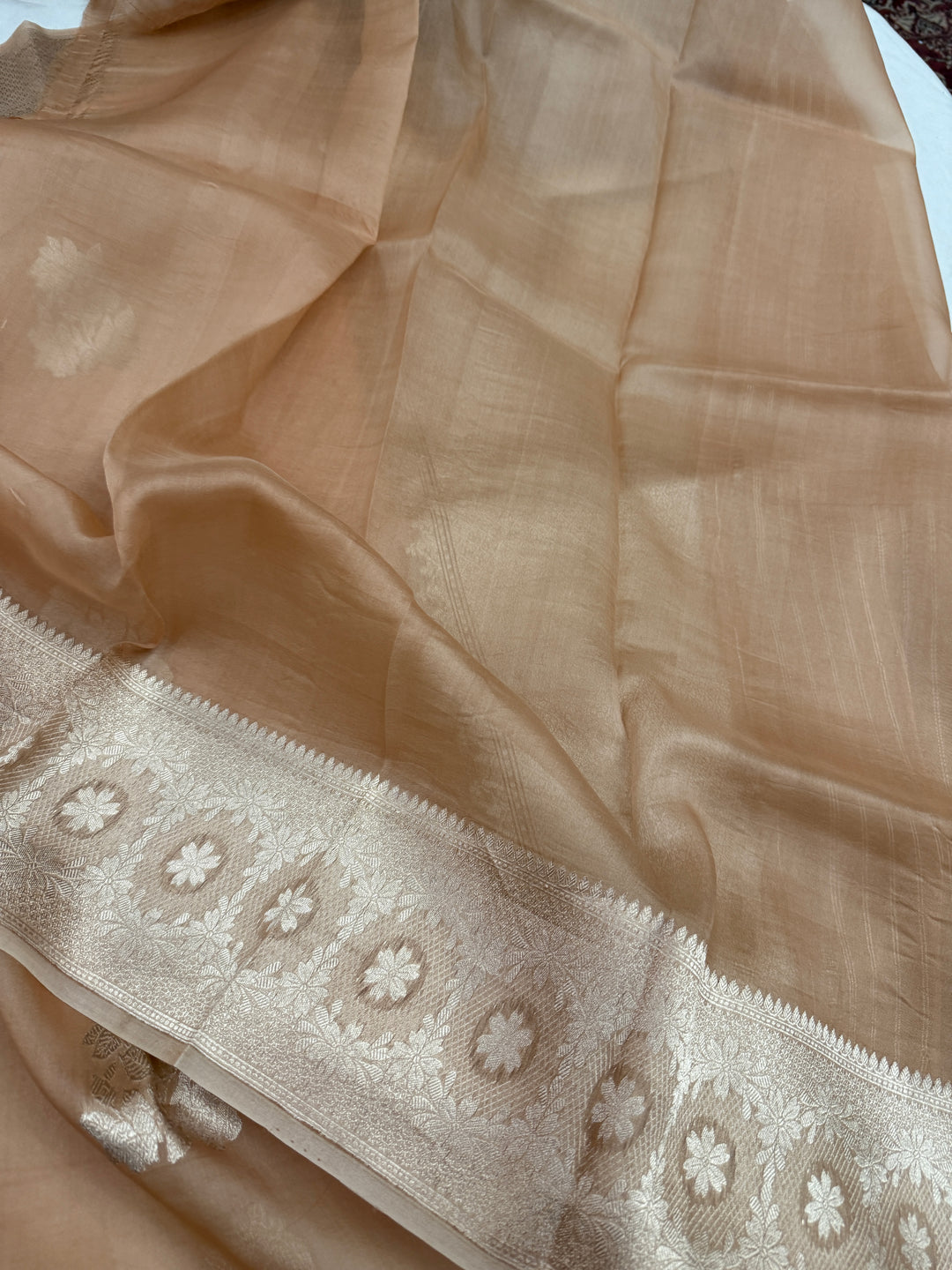 Beige Pure Kora Silk Handloom Banarasi Saree