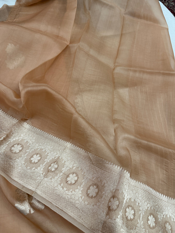 Beige Pure Kora Silk Handloom Banarasi Saree