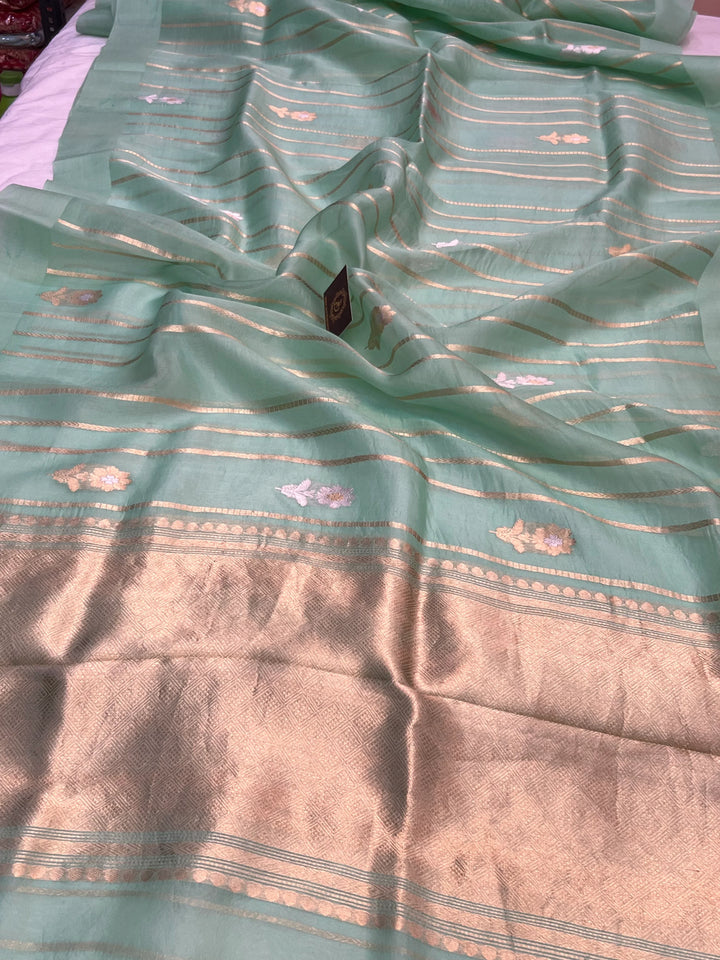 Pastel Green Pure Kora Silk Banarasi Saree with Sona Rupa Butas