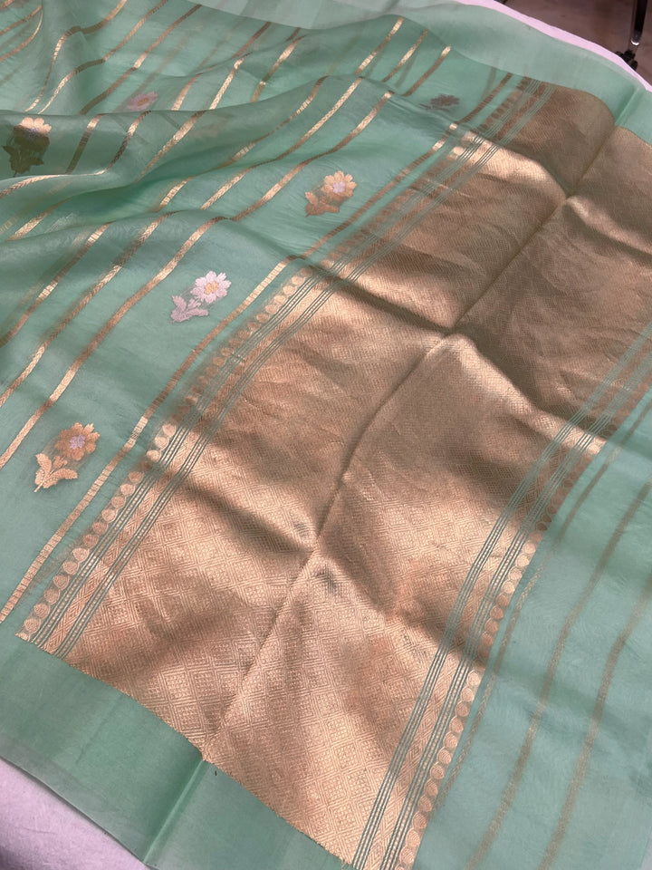 Pastel Green Pure Kora Silk Banarasi Saree with Sona Rupa Butas