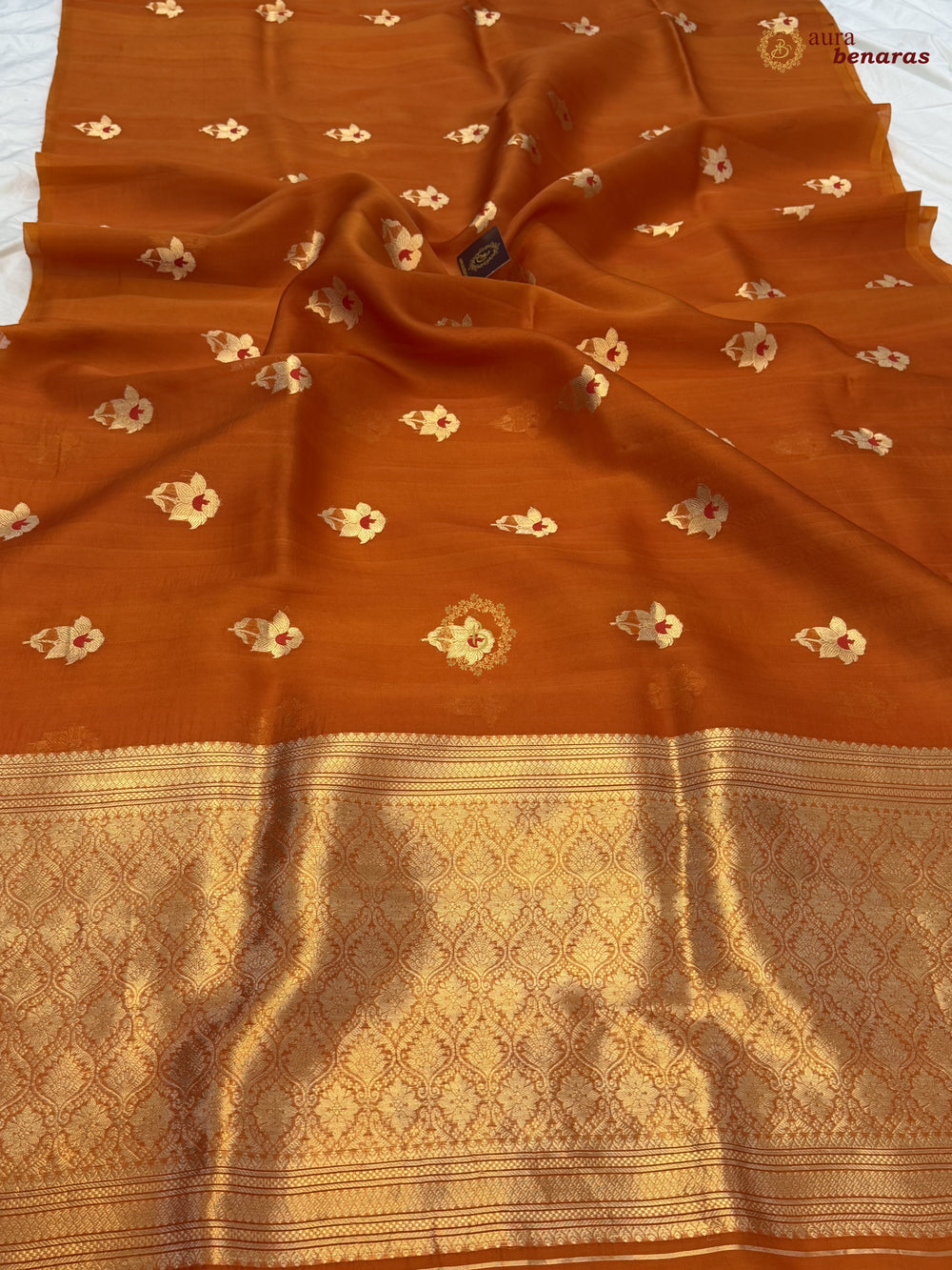 Rust Orange Kora Silk Banarasi Saree with Sona Rupa Butis