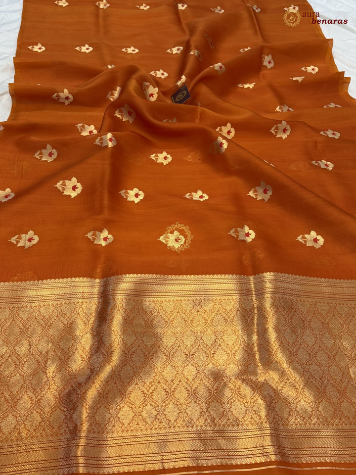 Rust Orange Kora Silk Banarasi Saree with Sona Rupa Butis