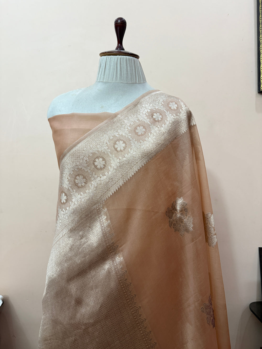 Beige Pure Kora Silk Handloom Banarasi Saree