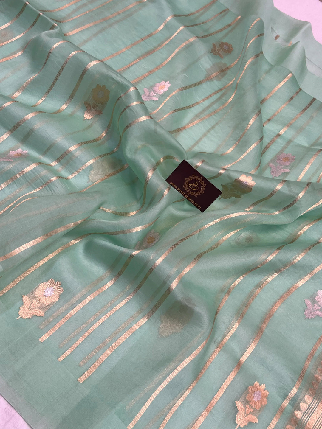 Pastel Green Pure Kora Silk Banarasi Saree with Sona Rupa Butas