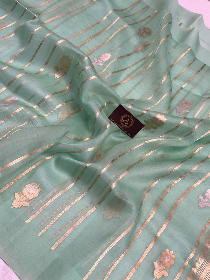 Pastel Green Pure Kora Silk Banarasi Saree with Sona Rupa Butas