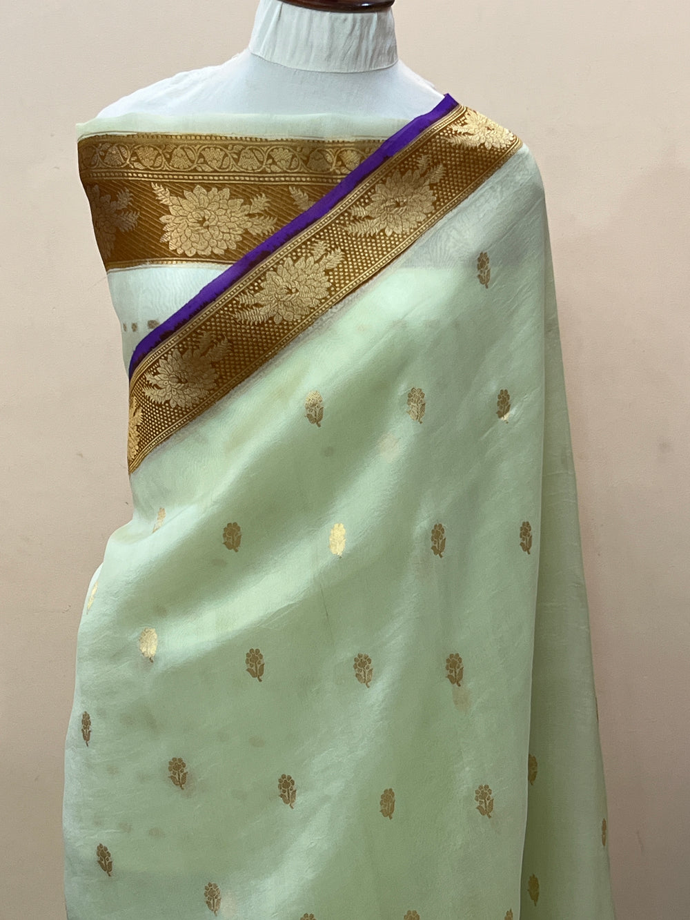 Pani Pista Green Banarasi Handloom Kora Silk Saree