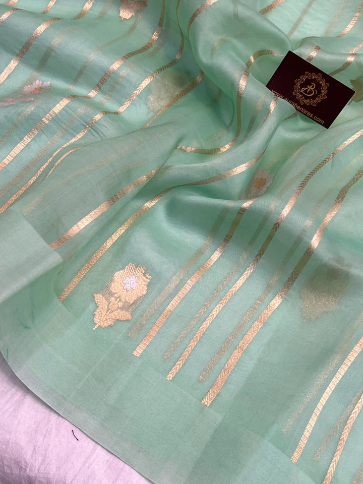 Pastel Green Pure Kora Silk Banarasi Saree with Sona Rupa Butas