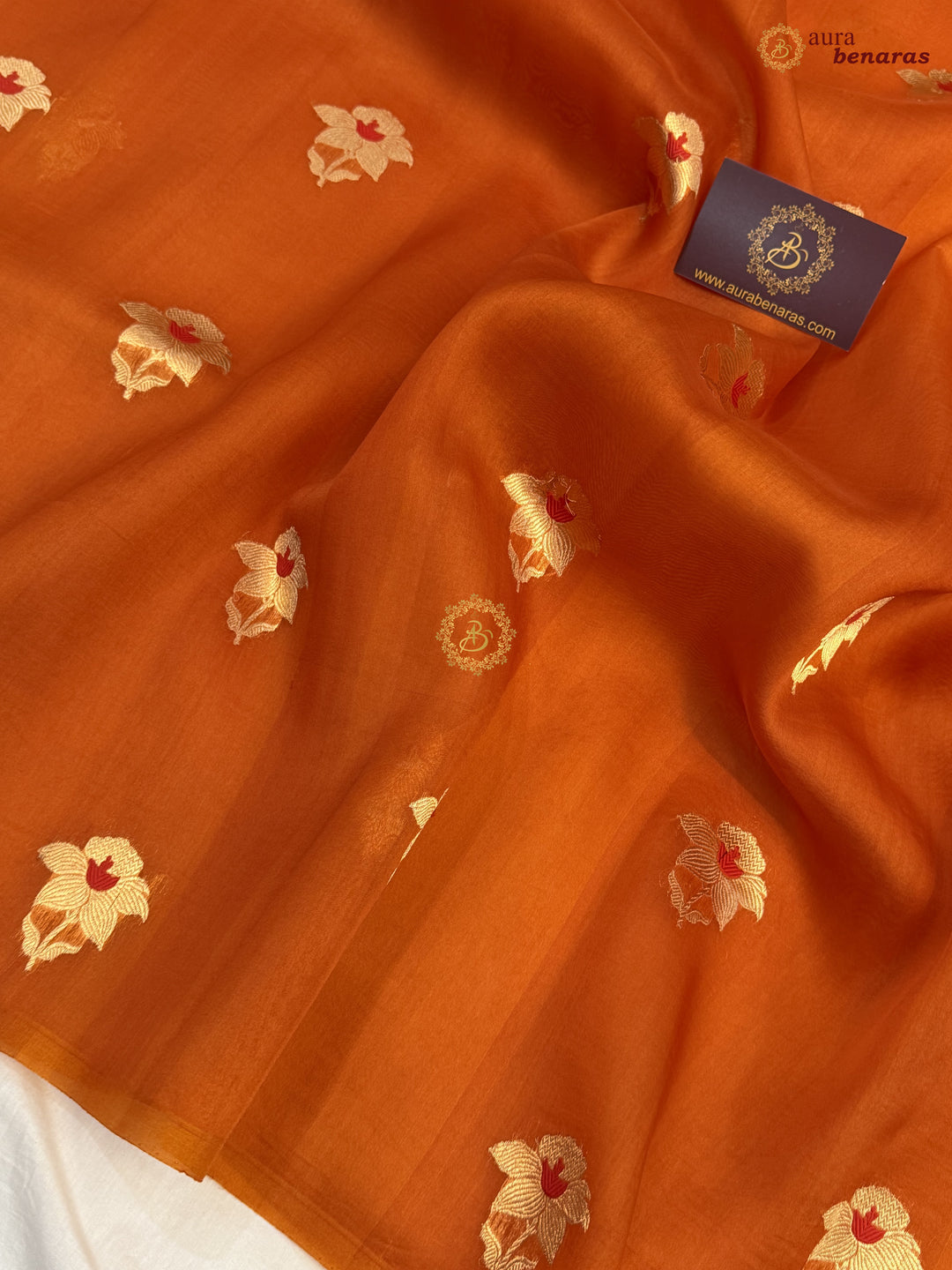 Rust Orange Kora Silk Banarasi Saree with Sona Rupa Butis