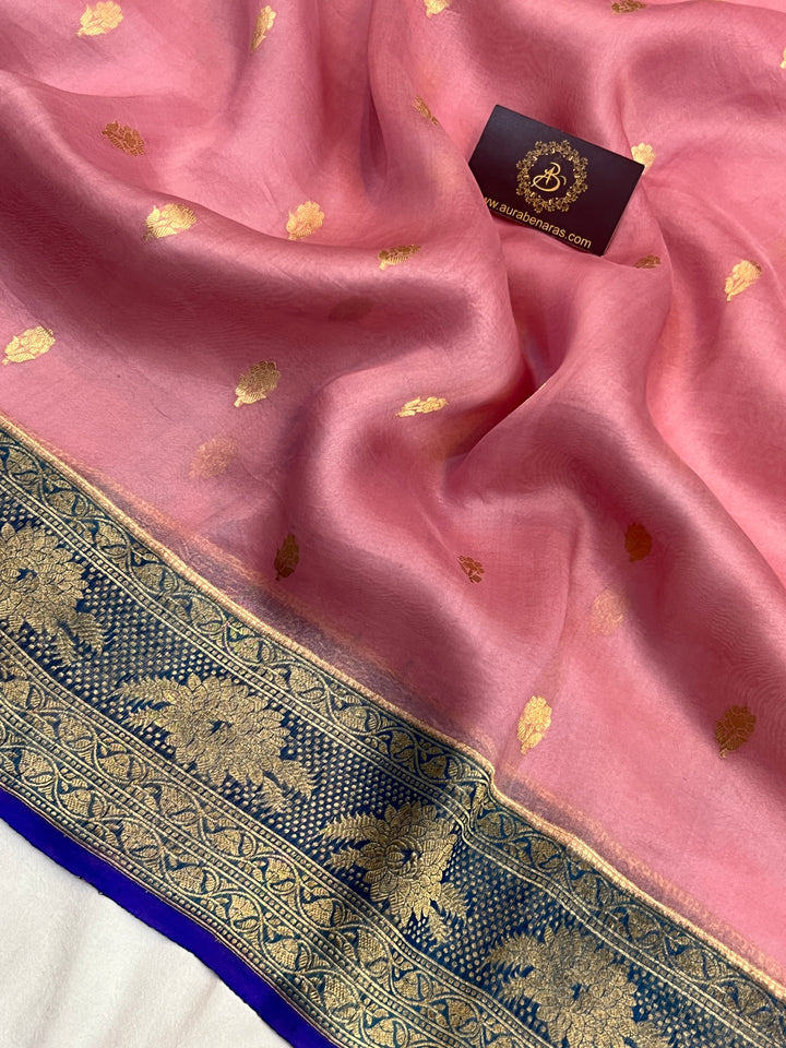 Rose Pink Banarasi Handloom Kora Silk Saree