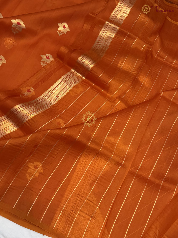 Rust Orange Kora Silk Banarasi Saree with Sona Rupa Butis