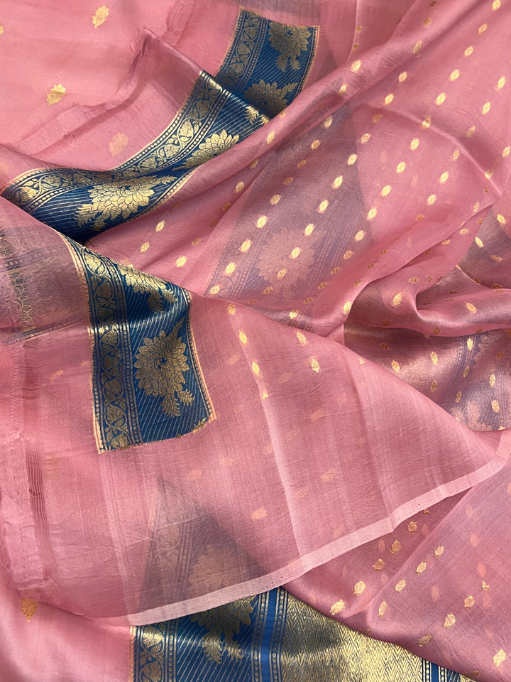 Rose Pink Banarasi Handloom Kora Silk Saree
