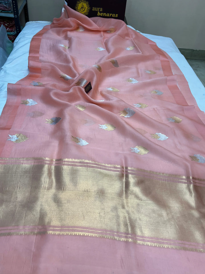 Peach Pure Kora Silk Handloom Banarasi Saree with sona rupa butas