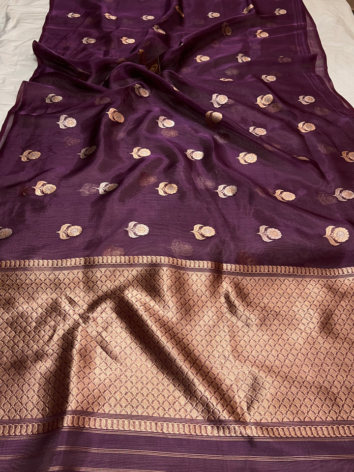 Wine Pure Tissue Silk Handloom Banarasi Saree