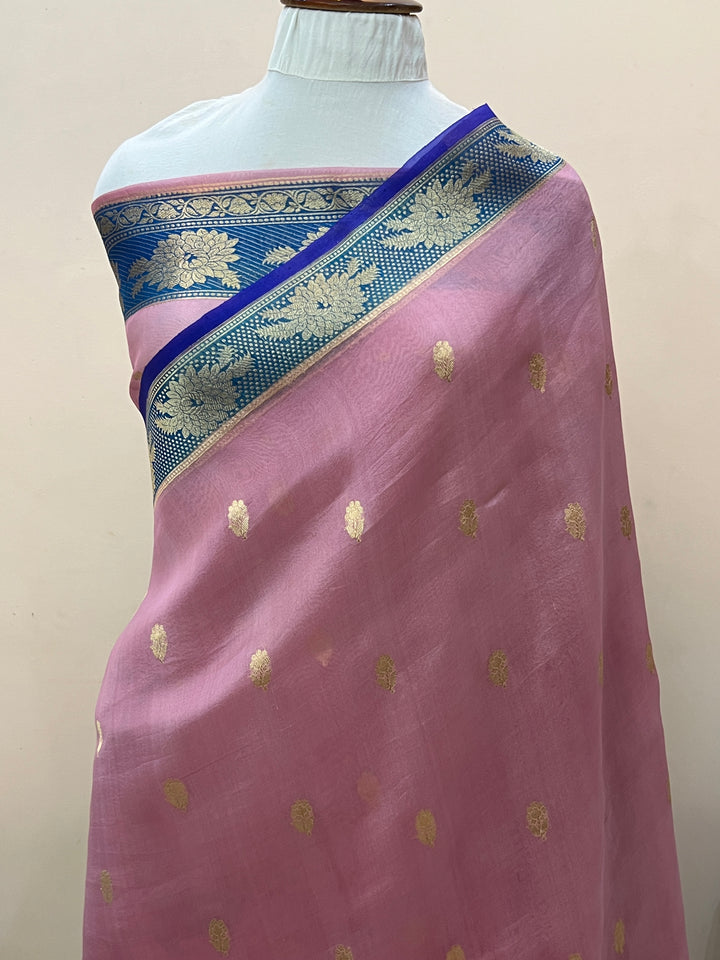Rose Pink Banarasi Handloom Kora Silk Saree