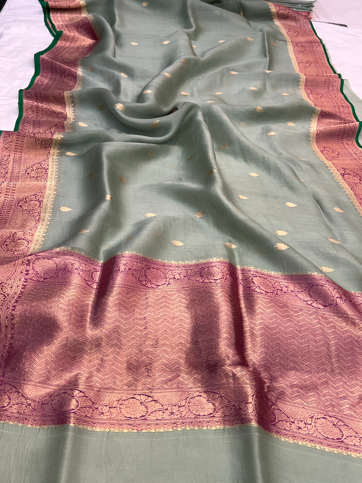 Sage Green Banarasi Handloom Kora Silk Saree