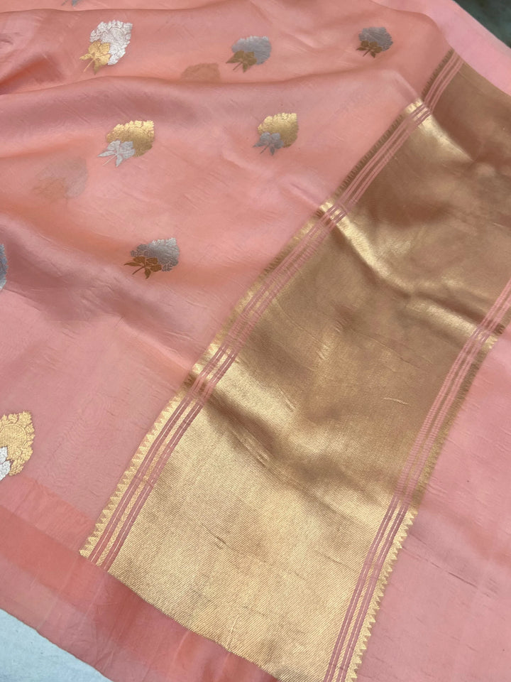 Peach Pure Kora Silk Handloom Banarasi Saree with sona rupa butas