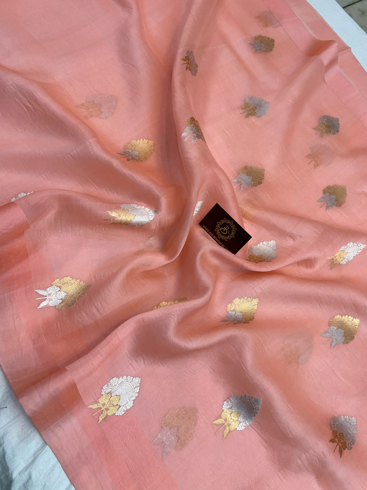 Peach Pure Kora Silk Handloom Banarasi Saree with sona rupa butas