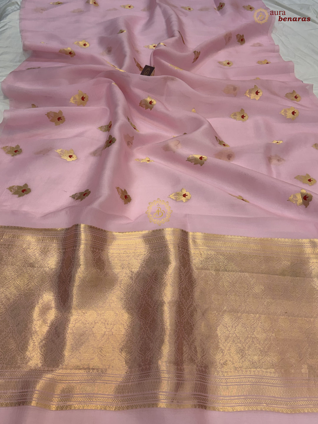 Baby Pink Kora Silk Banarasi Saree with Sona Rupa Butis