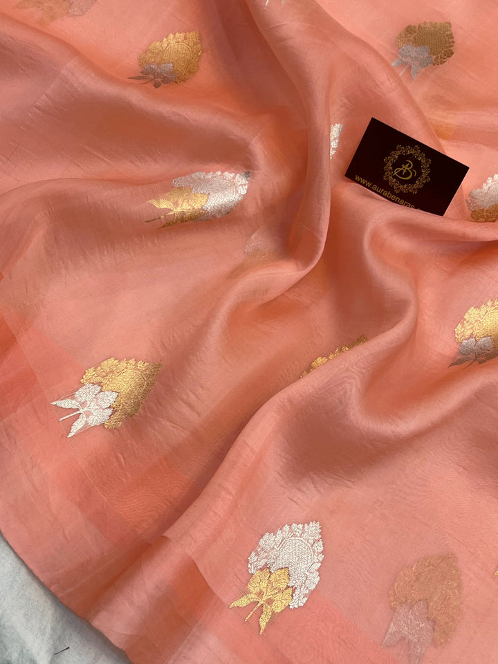 Peach Pure Kora Silk Handloom Banarasi Saree with sona rupa butas
