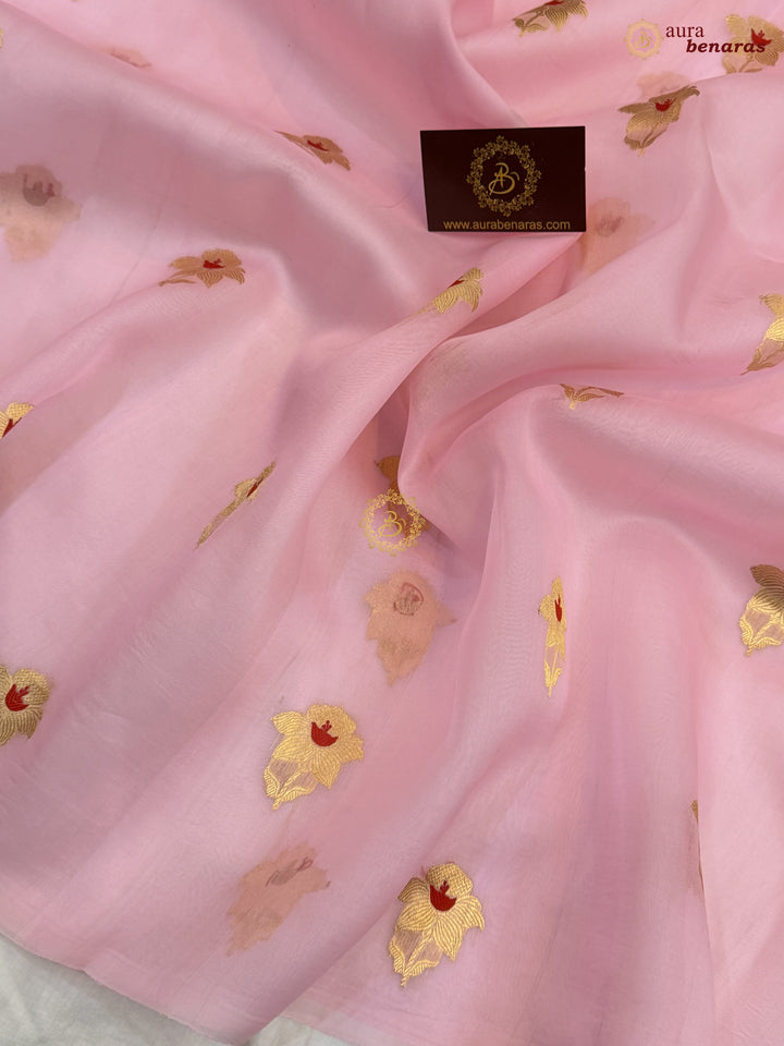 Baby Pink Kora Silk Banarasi Saree with Sona Rupa Butis