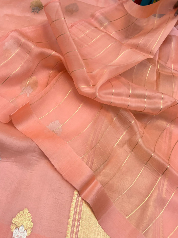 Peach Pure Kora Silk Handloom Banarasi Saree with sona rupa butas
