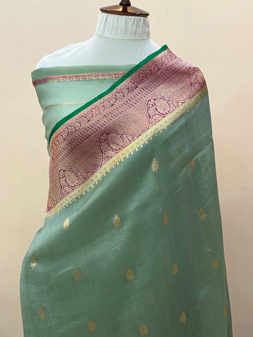 Sage Green Banarasi Handloom Kora Silk Saree