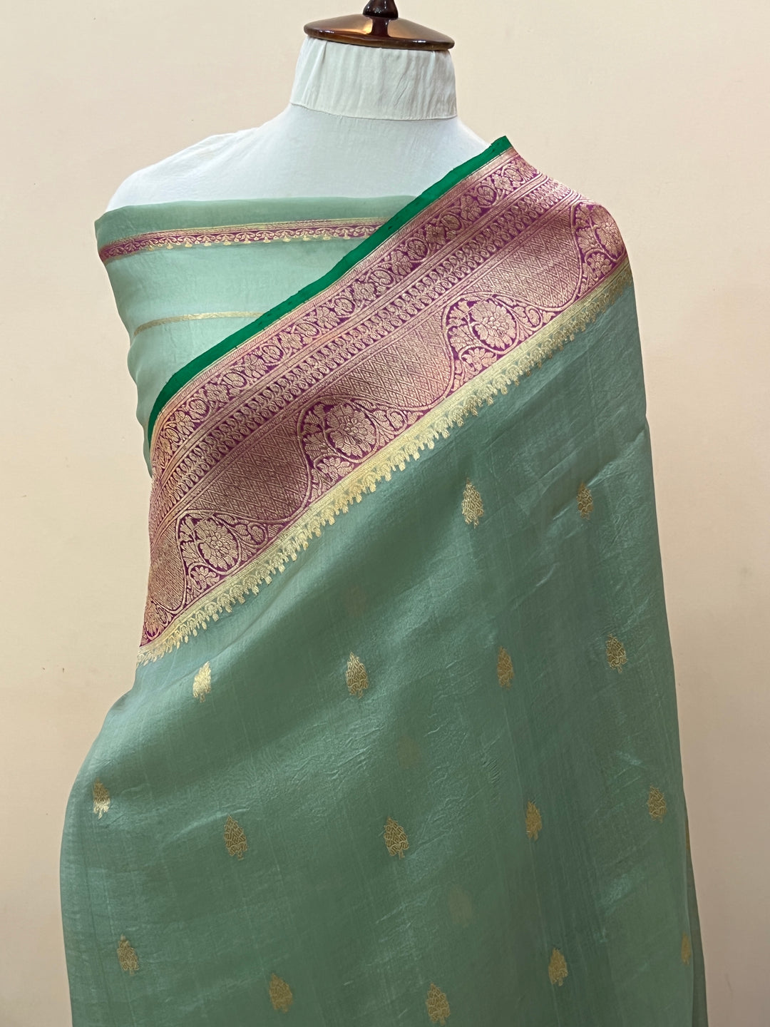 Sage Green Banarasi Handloom Kora Silk Saree