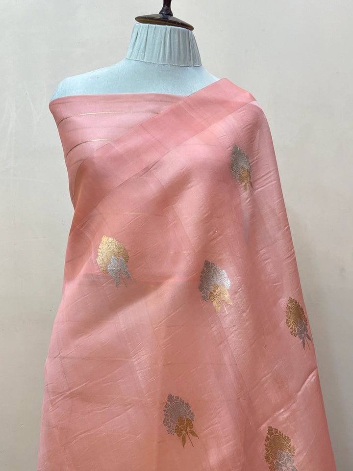 Peach Pure Kora Silk Handloom Banarasi Saree with sona rupa butas