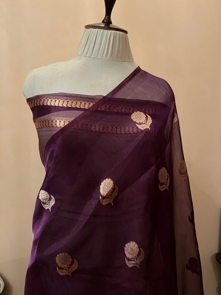 Wine Pure Tissue Silk Handloom Banarasi Saree