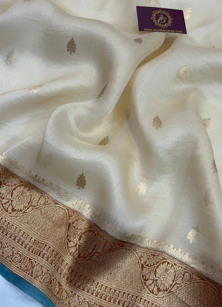 Cream Banarasi Handloom Kora Silk Saree